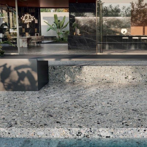 Marblepool finish on a pool surface, highlighting its luxurious micro-terrazzo texture.